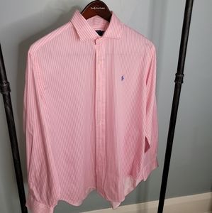Pink and white striped dress shirt polo, size L